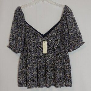 MI AMI Navy Blue Floral Lined Chiffon Short Sleeve Boho Peasant Top; Size XL